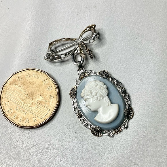 Vintage Art Deco Sterling Silver Cameo Bow Brooch Pin - Picture 2 of 8